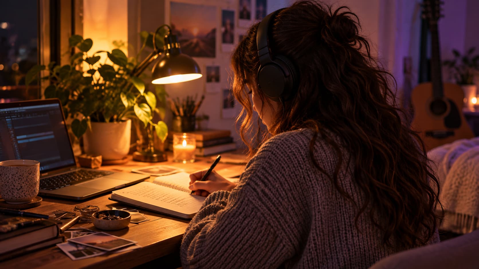 Songwriter wearing headphones writing lyrics in a notebook at a desk