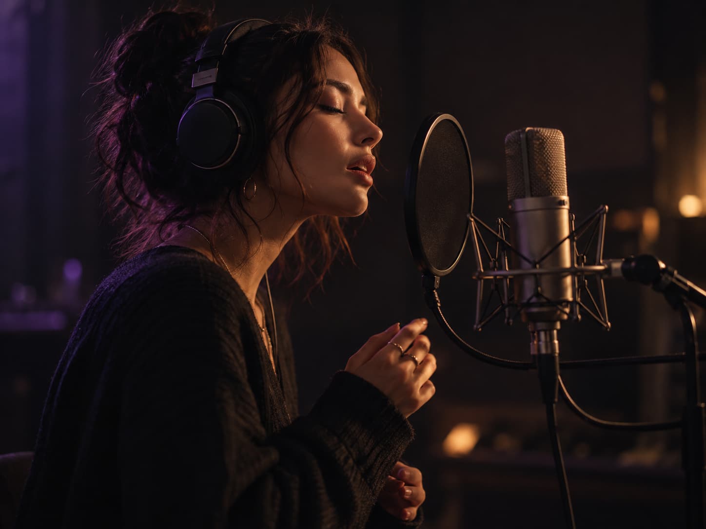 Singer wearing headphones performing at a studio microphone