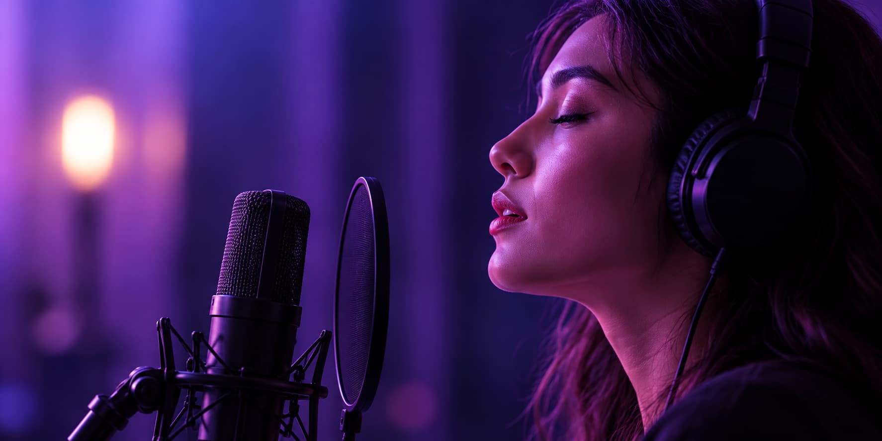 Singer with headphones performing into a studio microphone