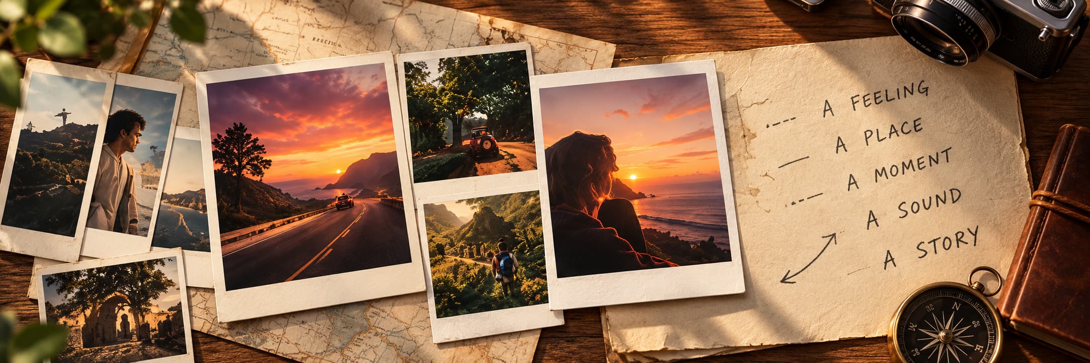 Travel photos on a map beside a note listing a feeling, a place, a moment, a sound, and a story