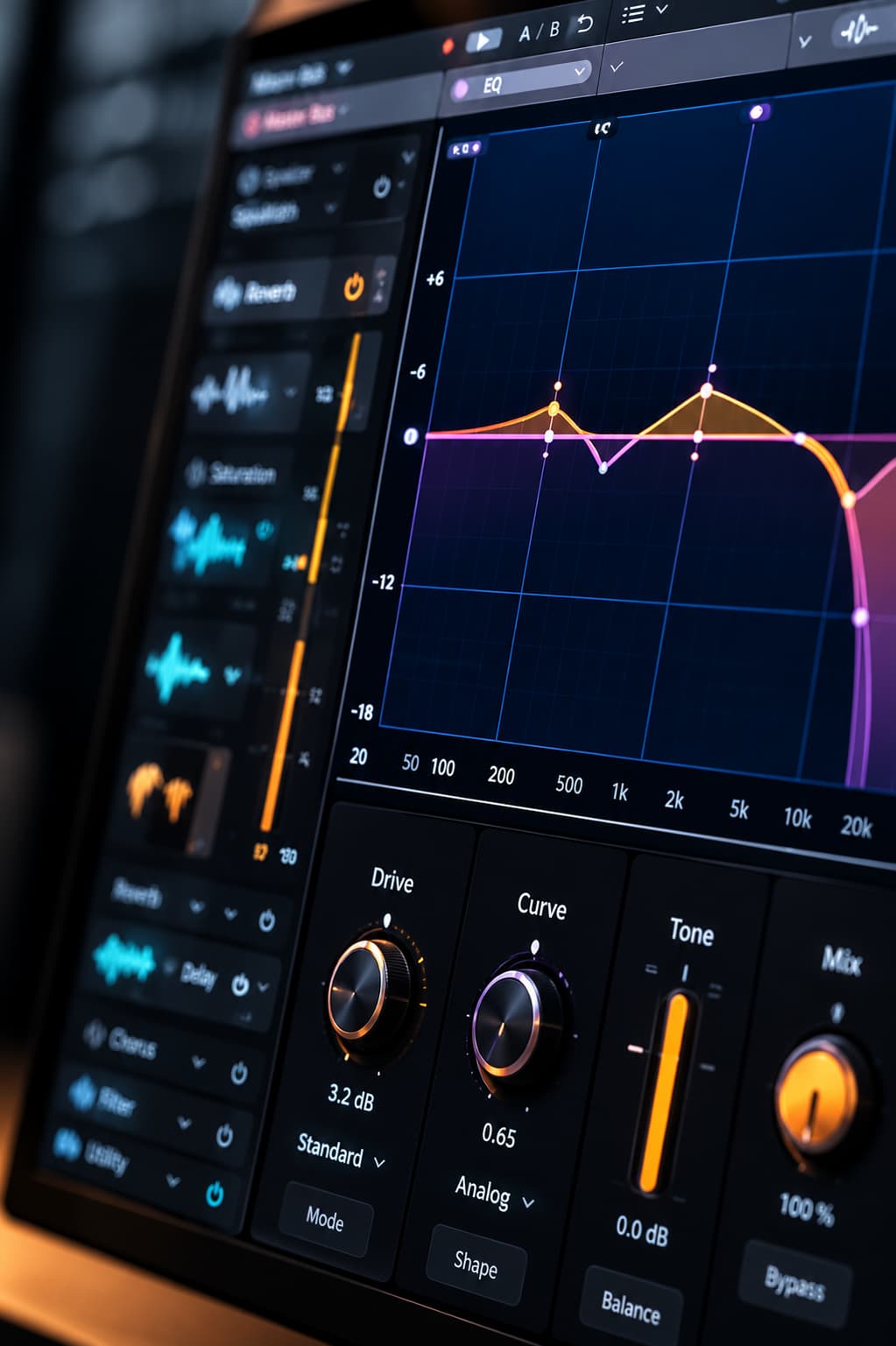 Mastering interface with an EQ curve and drive, curve, tone, and mix controls